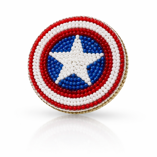 Handmade beaded Captain America shield brooch with red, white and blue seed beads on white background