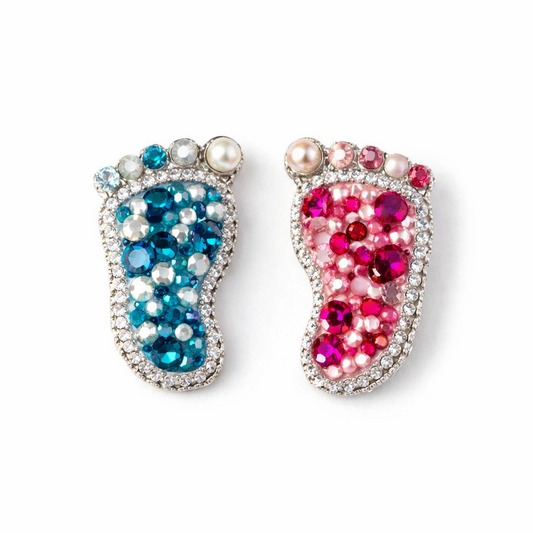 Blue and pink handcrafted beaded baby feet brooches with pearl and crystal accents—First Step brooch set by Little Pink Llama