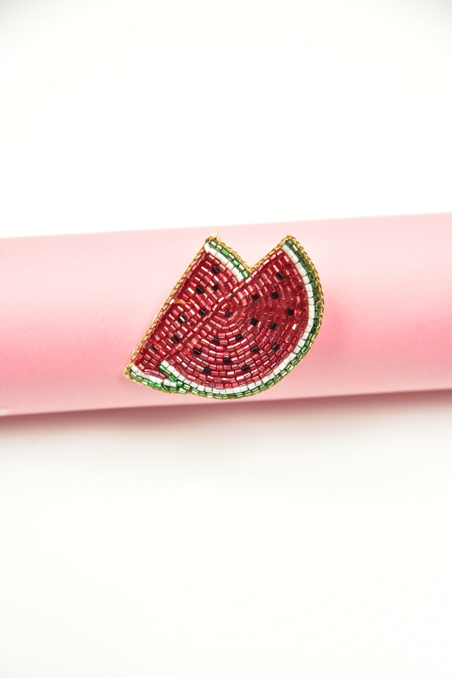 Handcrafted beaded Watermelon Brooch displayed on a pink ribbon—vibrant kids accessory by Little Pink Llama