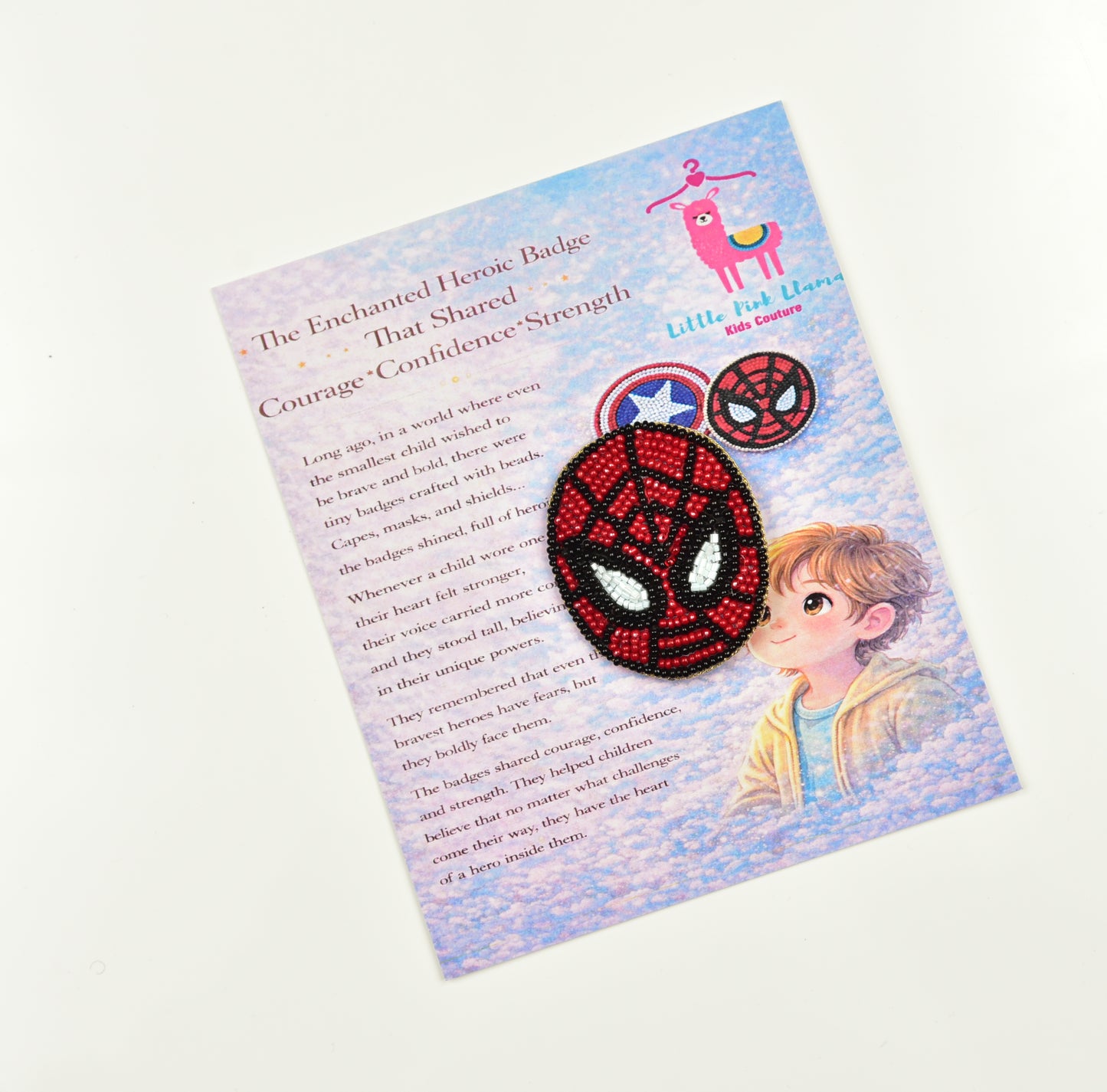 Handmade beaded Spider-Man brooch with red and black design on white background