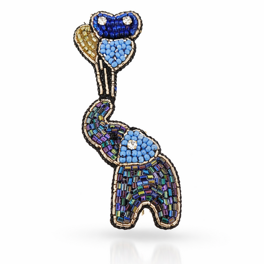 Gray handmade elephant with balloons brooch – blue beaded artisan lapel pin for kids by Little Pink Llama