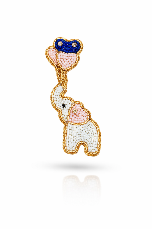 White handmade elephant with balloons brooch product shot – beaded artisan kids lapel pin by Little Pink Llama