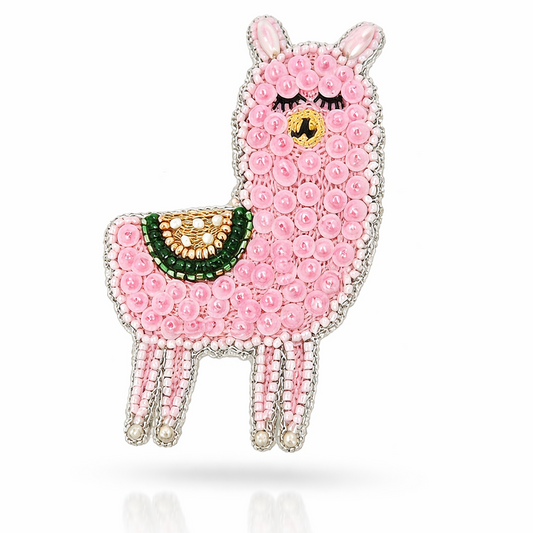 Little Pink Llama handmade pink llama hair clip – full body view with pink beaded detailing and rhinestone border on white background