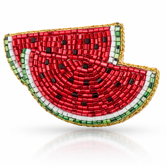 Handcrafted beaded Watermelon Brooch in red, green, black & white with gold border—kids jewelry by Little Pink Llama