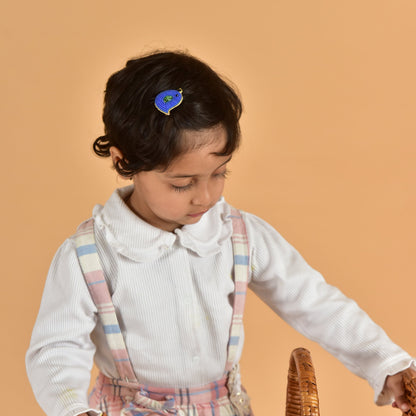 Young child wearing blue handcrafted bird hair clip with plaid suspenders - kids felt hair accessory