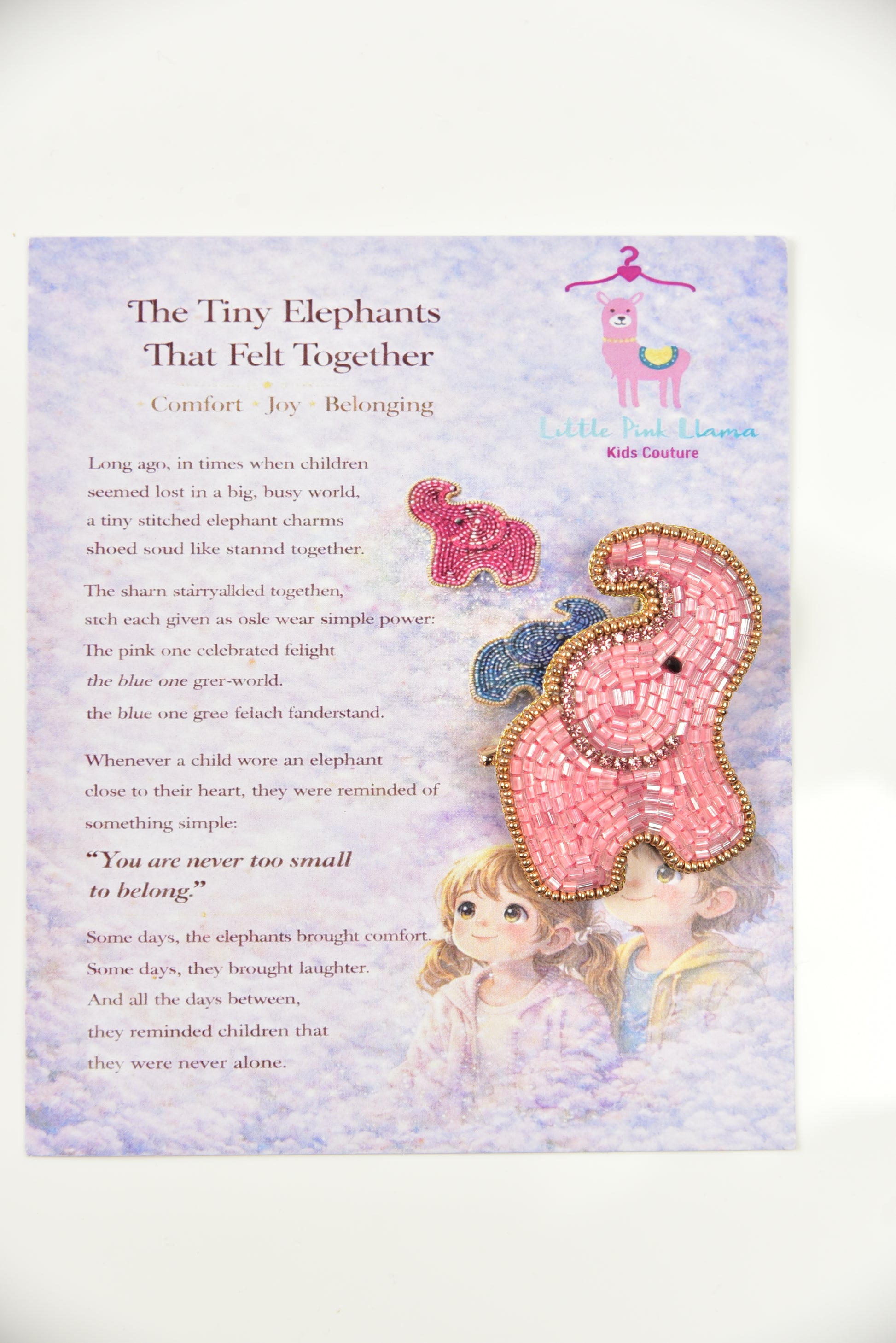 Little Pink Llama elephant brooch gift card with story "The Tiny Elephants That Felt Together"—unique kids jewelry packaging