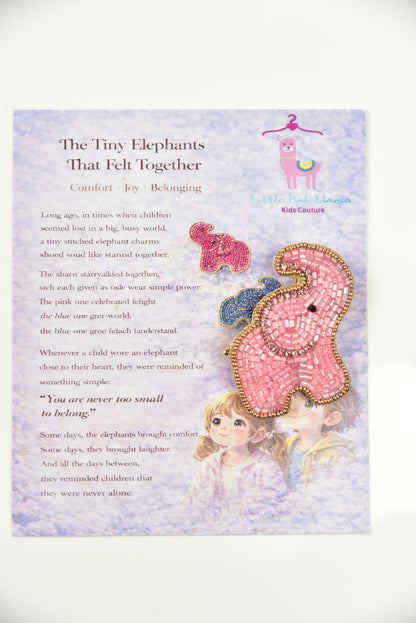 Little Pink Llama elephant brooch gift card with story "The Tiny Elephants That Felt Together"—unique kids jewelry packaging