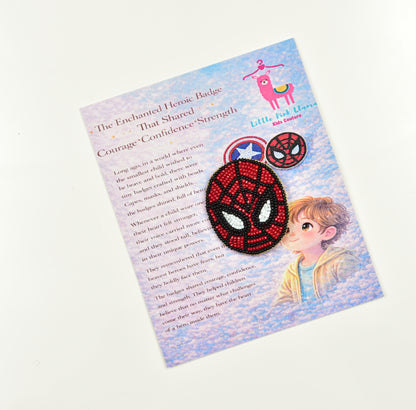 Handmade beaded Spider-Man brooch with red and black design on white background