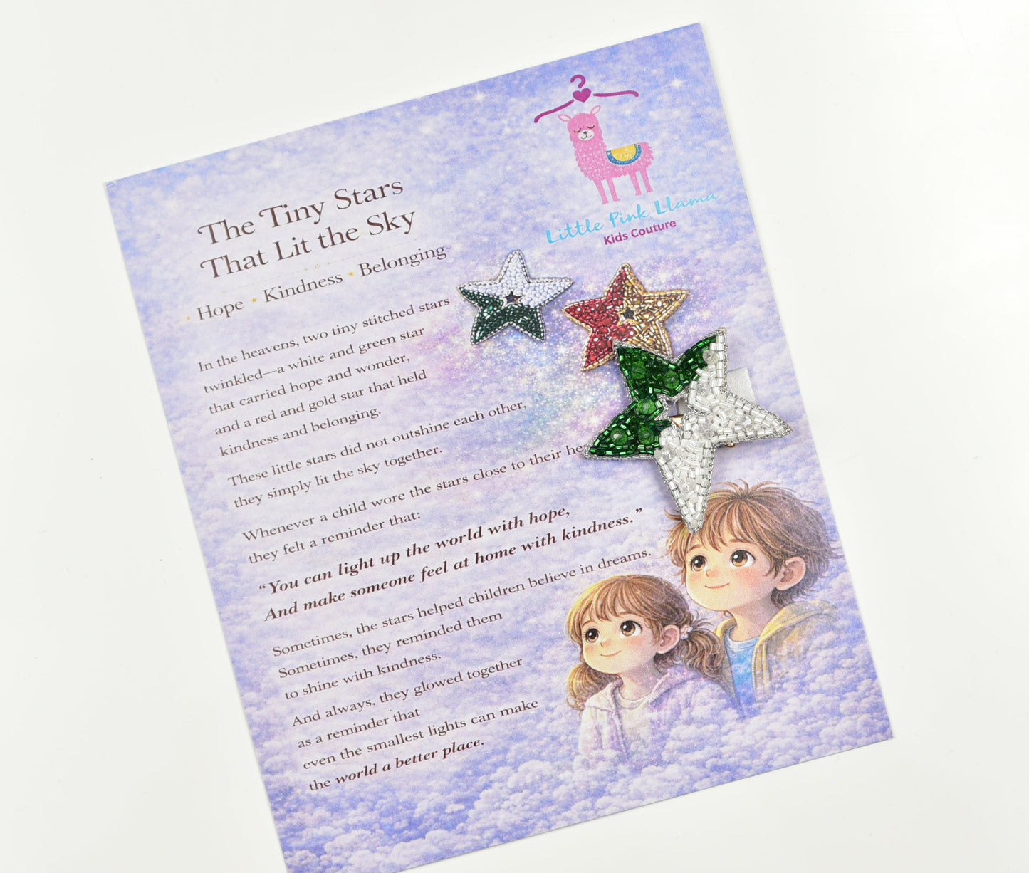 Both Guiding Star Hair Clips on Little Pink Llama branded story card – The Tiny Stars That Lit the Sky