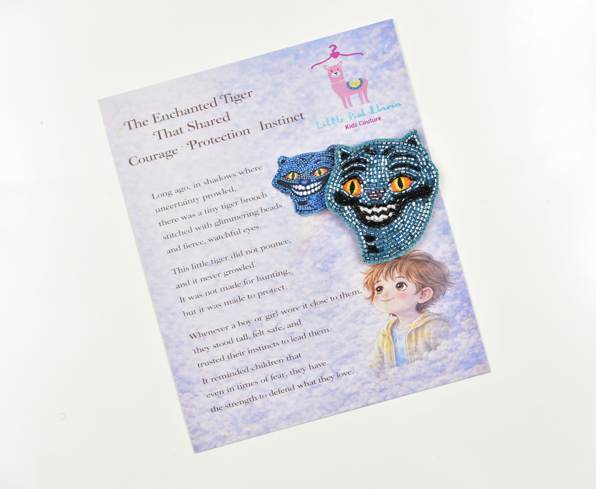 Derpy Tiger hair clip displayed on illustrated storybook gift card - Little Pink Llama kids accessory