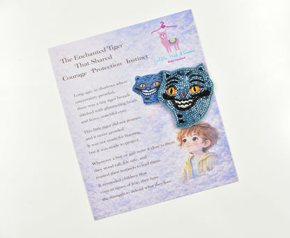 Derpy Tiger hair clip displayed on illustrated storybook gift card - Little Pink Llama kids accessory