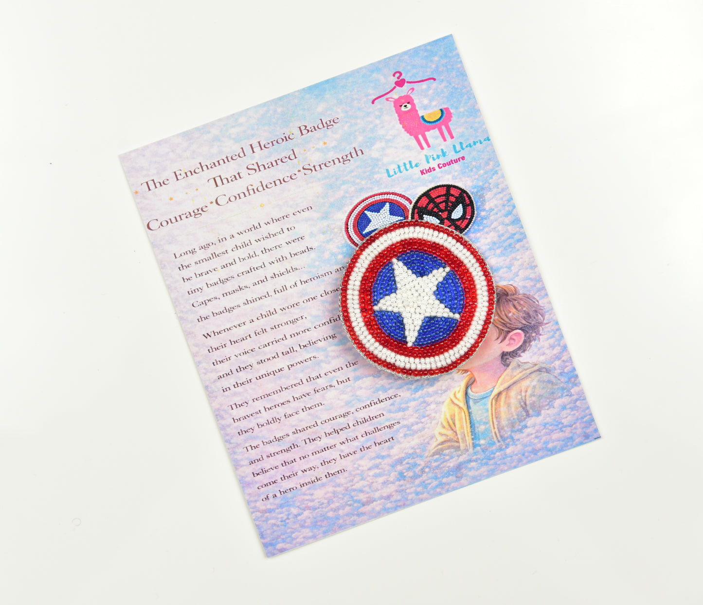 Captain America beaded shield brooch on Little Pink Llama branded story card with superhero theme