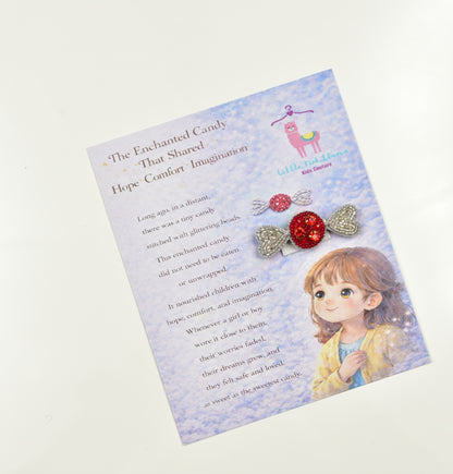 Little Pink Llama candy brooch on illustrated gift card with enchanted candy story and girl illustration