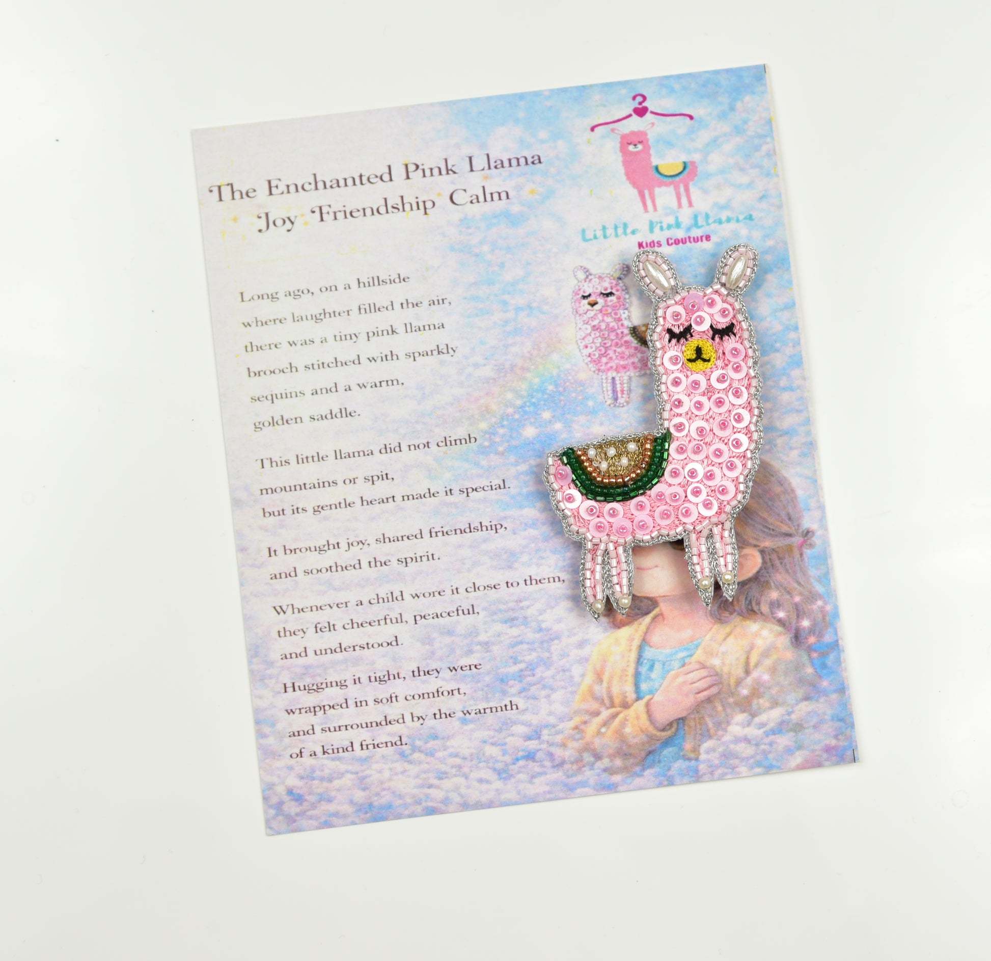 Little Pink Llama handmade pink llama hair clip displayed on illustrated enchanted llama gift card – perfect gift for kids