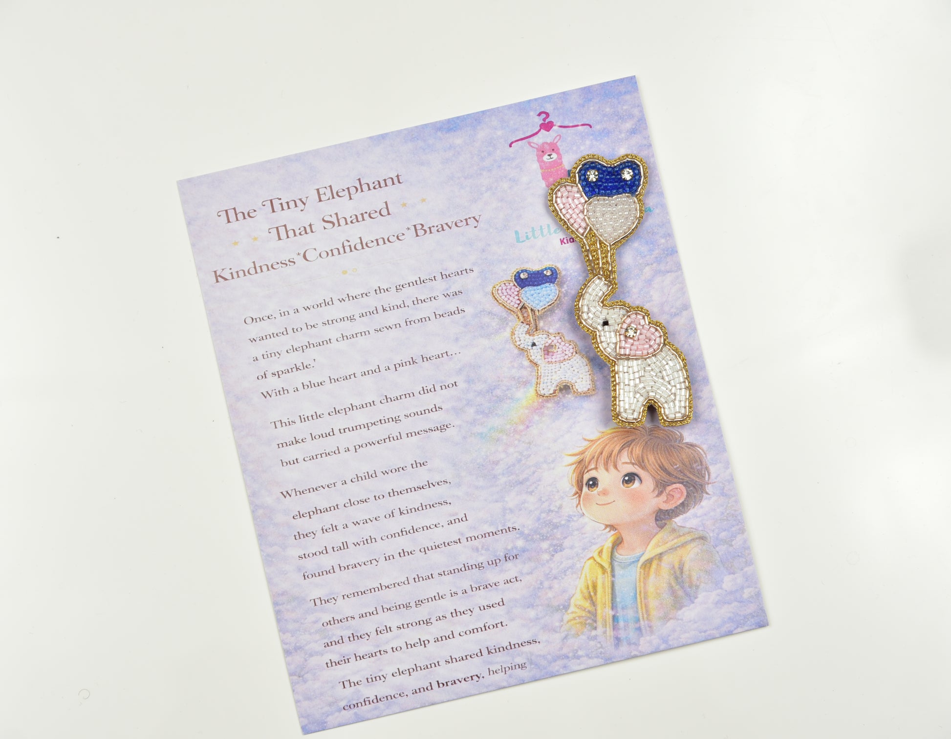 Elephant with balloon hair clip on illustrated storybook gift packaging card - Little Pink Llama