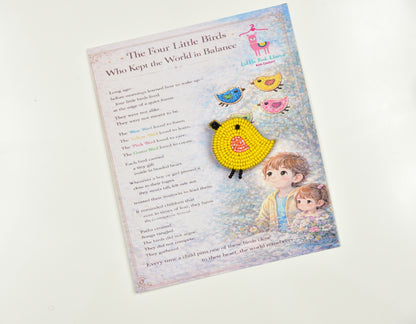 Yellow handcrafted bird hair clip displayed on a children's book - cute gift for girls