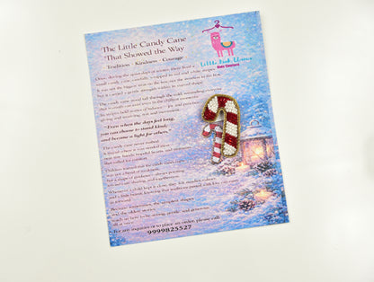 Beaded candy cane hair clip displayed on Little Pink Llama branded gift story card – handmade holiday hair pin with festive packaging
