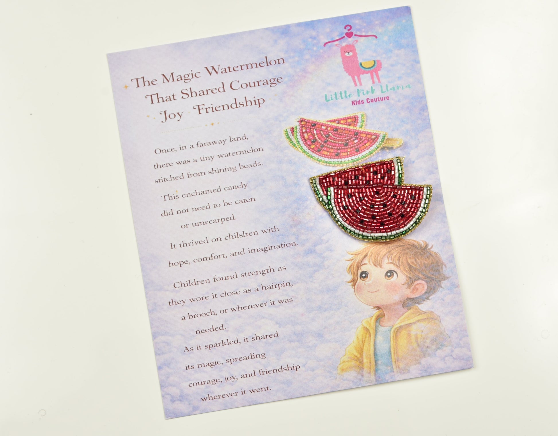 Little Pink Llama gift packaging card with handmade watermelon hair clip – perfect as a birthday or festive gift for kids