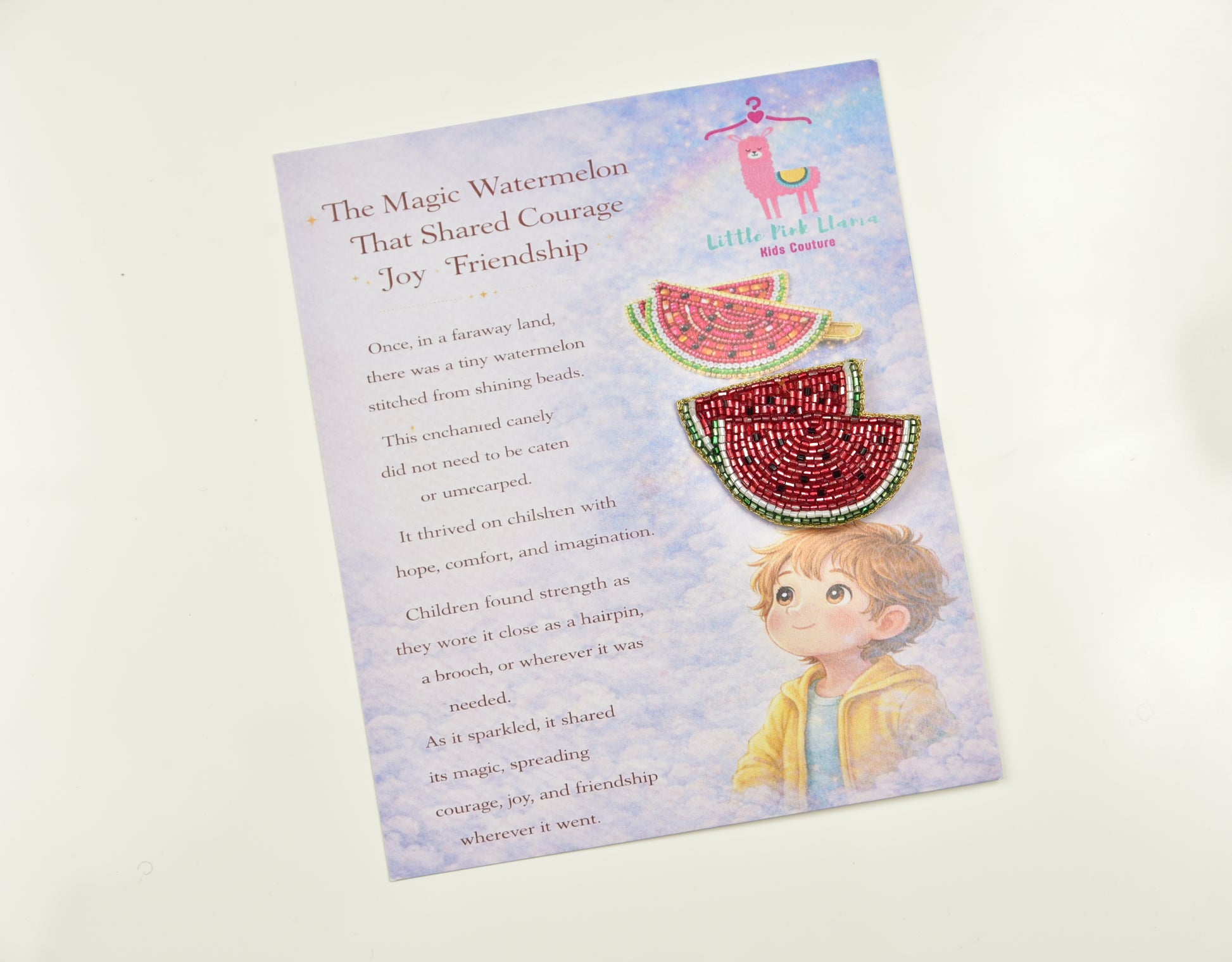 Little Pink Llama "The Magic Watermelon" gift story card with beaded Watermelon Brooches—unique kids jewelry gifting packaging